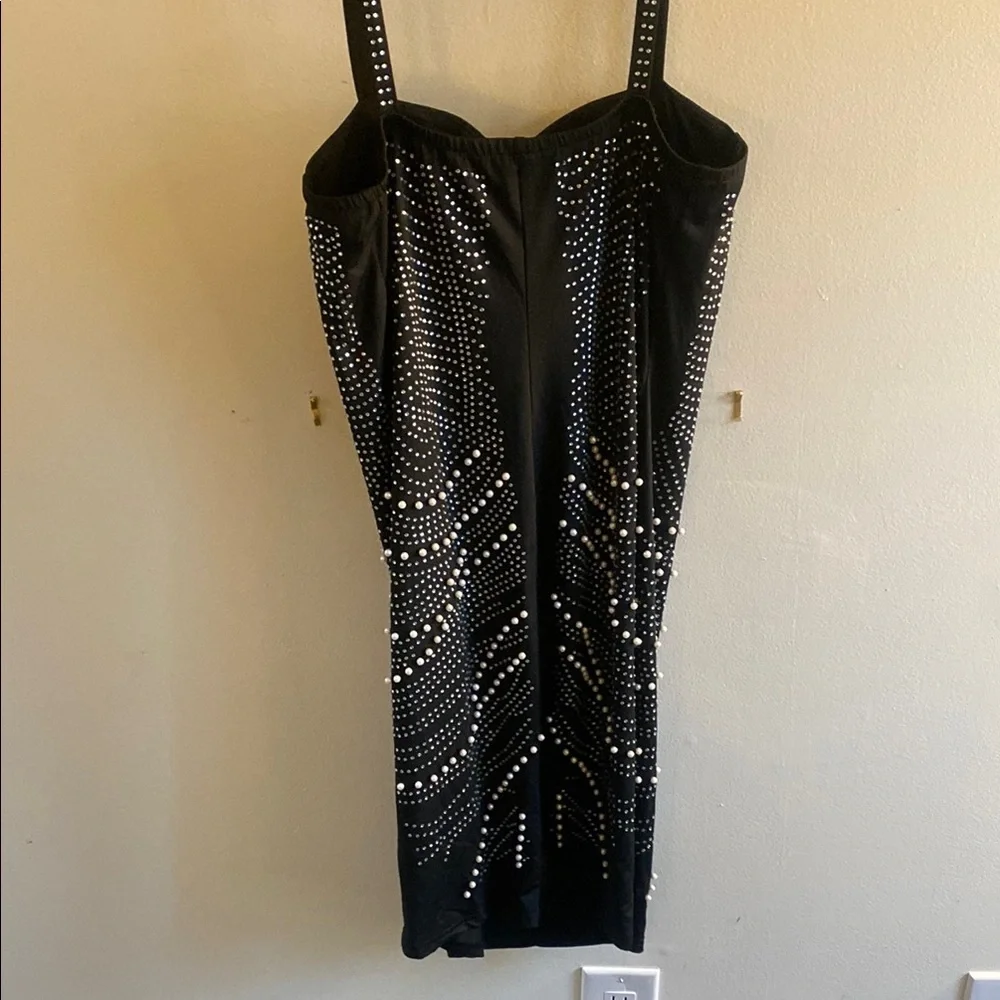 Black Sleeveless Rhinestone Pearl Bodycon Mini Dress - Picture 3 of 5